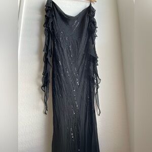MARINA Black floor length evening gown dress with Sequins vintage 90’s ruffle